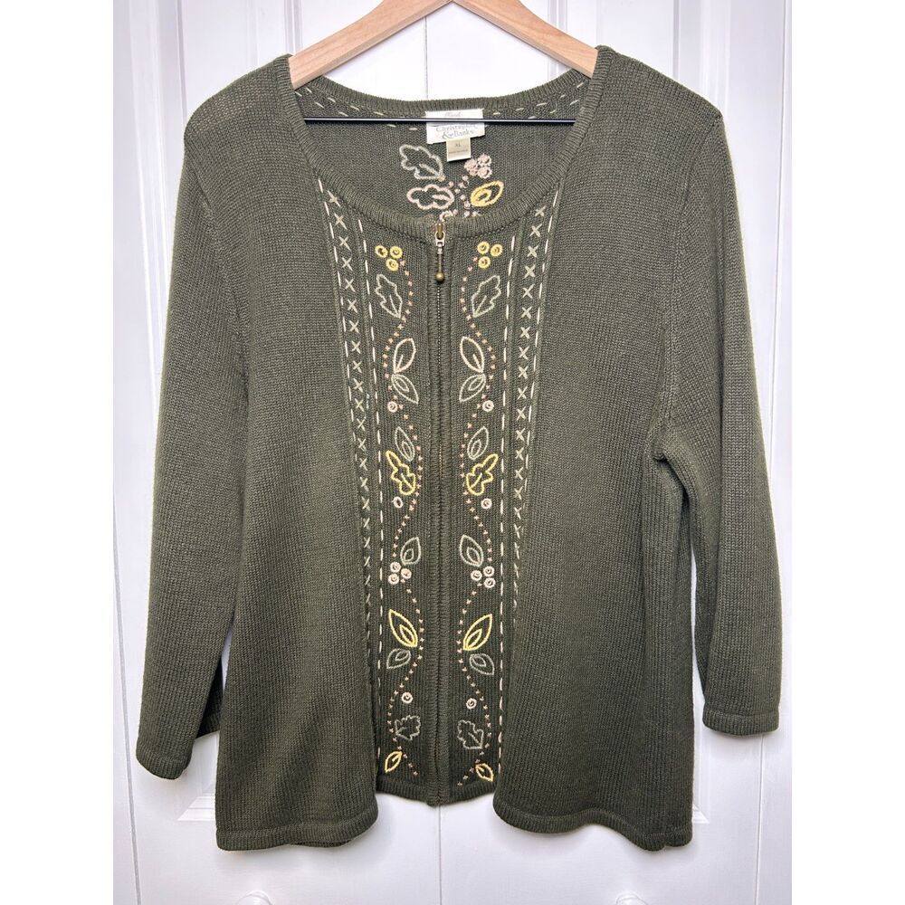 Vintage Hand Embroidered Fall Leaf Zip Cardigan Sweater XL sweaterweather fall